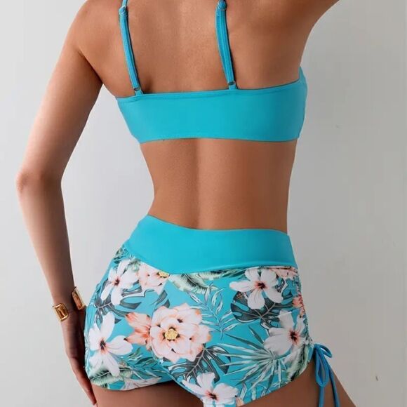 Vibrant Blue High-Waisted Bikini with Halter Neck Tropical Print Size XL NWT - Picture 2 of 4